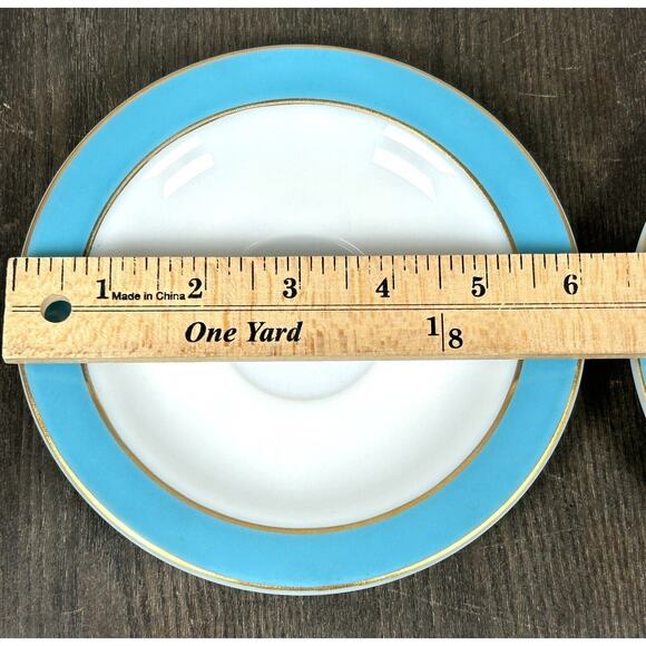 4 Vintage Pyrex Saucers Plates Turquoise Blue Band Milk Glass W/ Gold Trim 6" - Picture 8 of 8